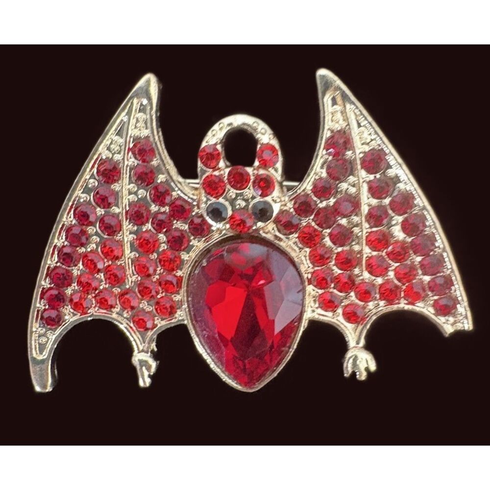 Halloween Bat Brooch Pin Rhinestone Crystal Gold Tone Spooky Costume Jewelry